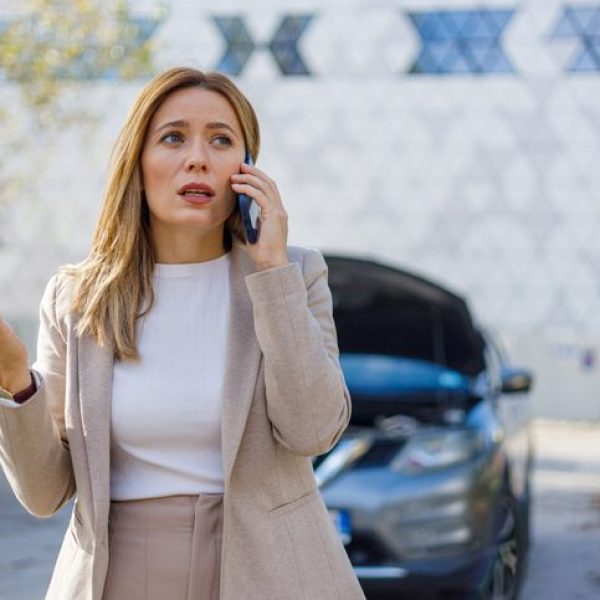 A vivid image of a displeased mid-adult woman standing by her damaged car, epitomizing the unforeseen challenges of road travel and the need for roadside assistance